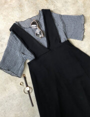 ワンピと合わせても可愛い細チェック柄！シフォン楊柳5分袖メロートップス。インナーキャミもSETに！