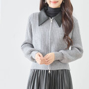 ウィンターセール！【1月中旬入荷予定】 　『　インスタで大人気！　』　フェイクレザーの襟がポイントカーディガン