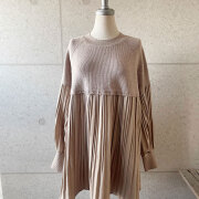 クリスマスセール　【12月上旬入荷予定】　【カーキ即納】　【メール便対応】　『　インスタで大人気！　』   異素材切替ニットプリーツブラウス