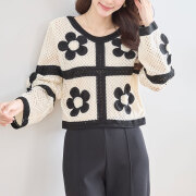 ラスト1着　春の早割り【メール便対応】バイカラーフラワーモチーフニットトップス