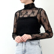 【5月下旬入荷予定】 春の早割り【メール便対応】　【新作】ストレッチレース　ハイネック　ロングスリーブ　Tシャツ