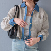 ラスト1着　春の早割り　『　インスタサブ垢で大人気！　』　　デニム切替の最新版！ツイード×デニムショート丈シャツ登場！