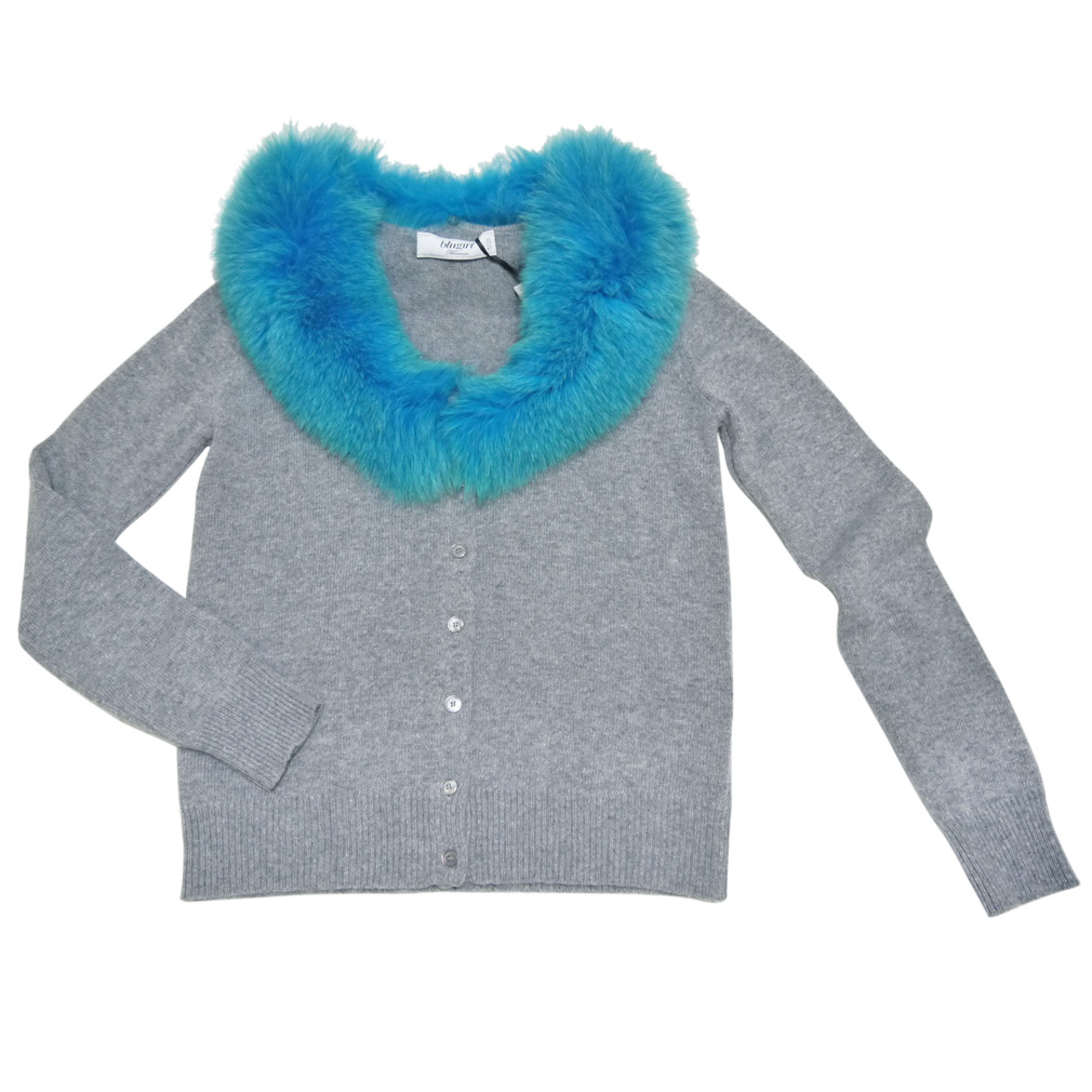 ブルーガール　フォックスファー襟カーディガン　グレー×ブルー #36#42　blugirl