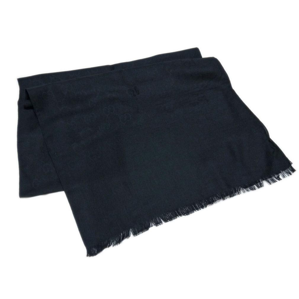 グッチ　ウール×シルク　GG柄　ストール　黒　GUCCI