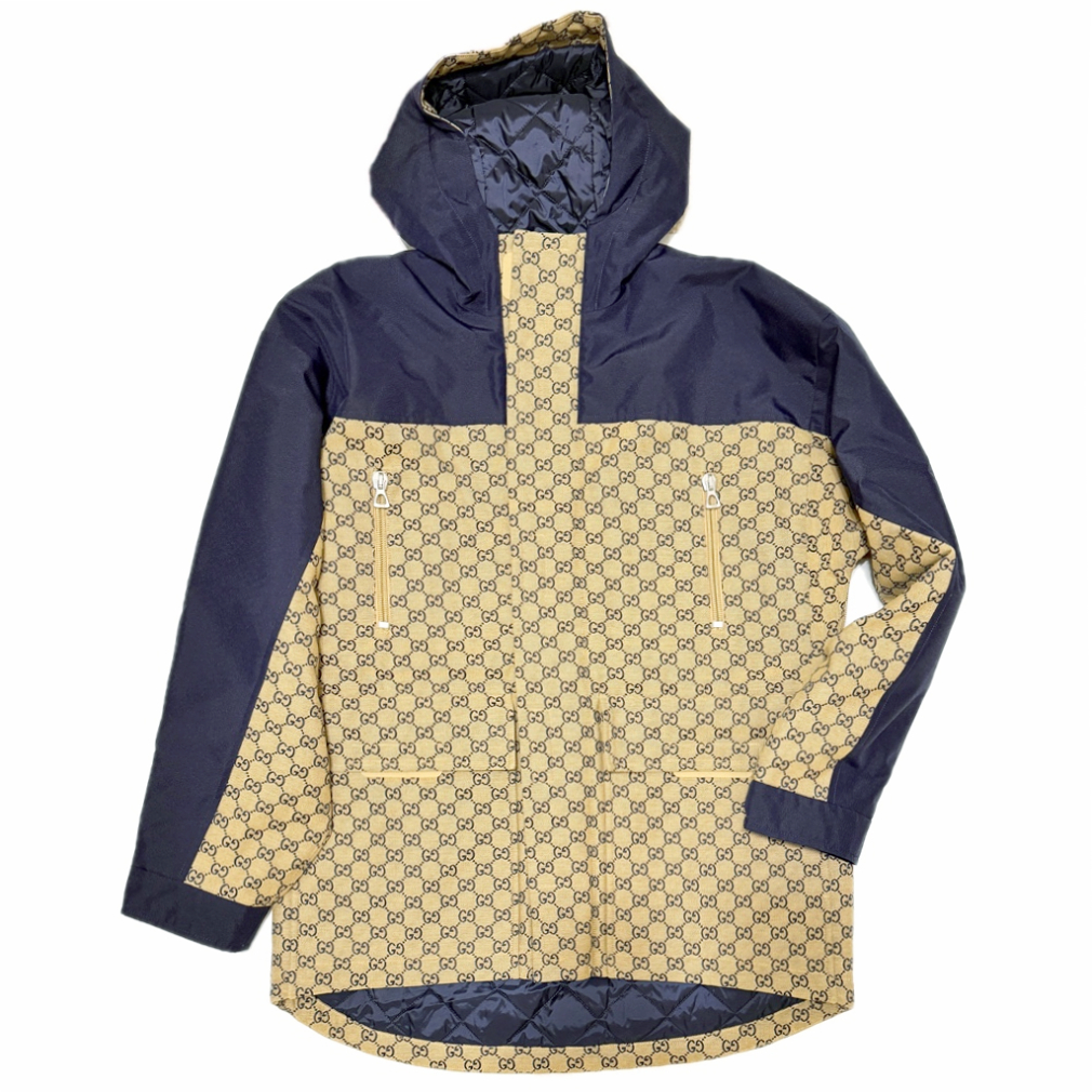 グッチ  メンズ　GG柄 中綿入り マウンテンジャケットコート　ネイビー×茶　＃48　GUCCI