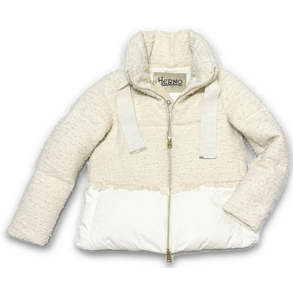 ヘルノ 異素材ツイード＆ナイロン ブークレ ダウンジャケット PI001820D LUX BOUL & NUAGE 白#40  HERNO
