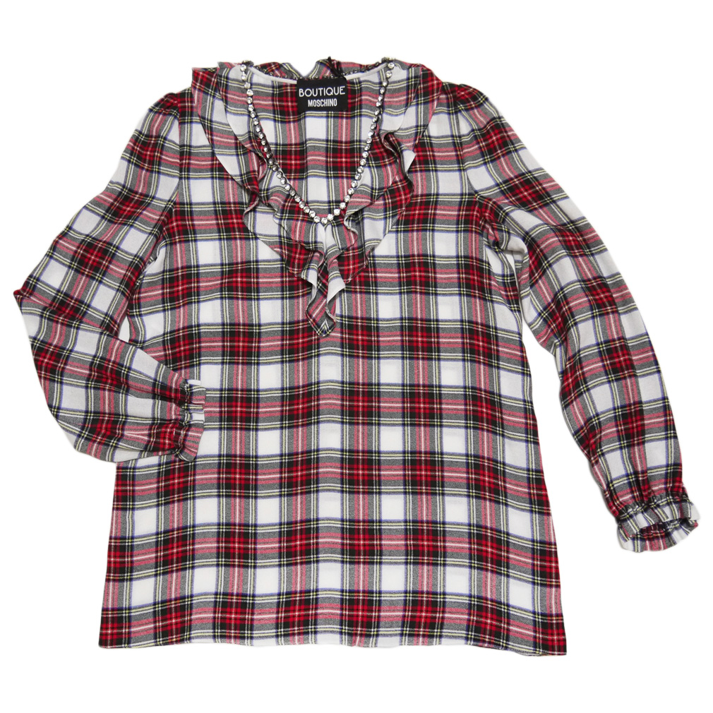 モスキーノ　タータンチェックフリルブラウス　赤　#40 #42　MOSCHINO