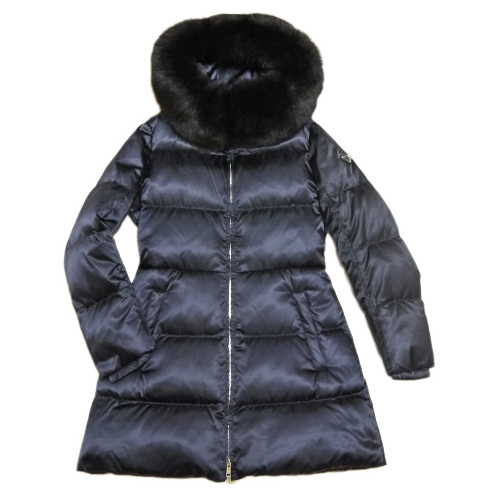 プラダ　ファー付　ロングダウンジャケット（コート）29Z117　ネイビー（NOTTE)　#40　PRADA
