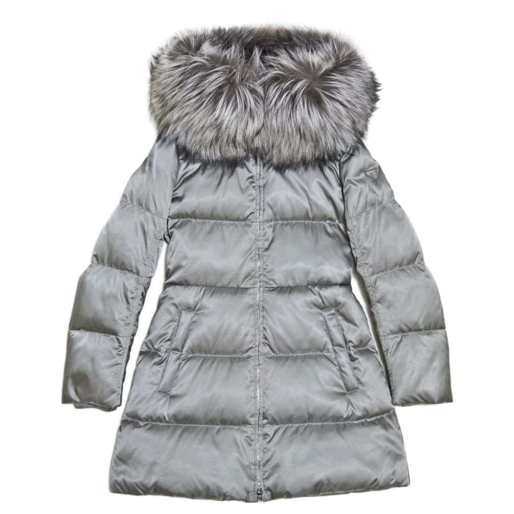 プラダ　ファー付　ロングダウンジャケット（コート）29Z117　グレー　#38　PRADA