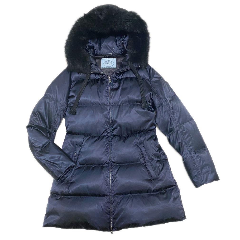 プラダ　ファー付　ロングダウンジャケット（コート）29P117　ネイビー(NOTTE)　#42　PRADA