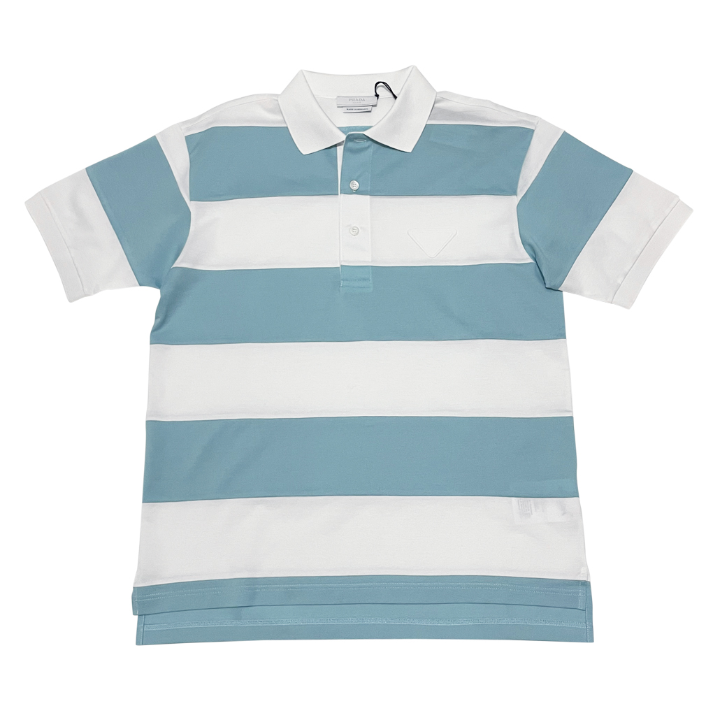 プラダ　メンズ　鹿の子　ポロシャツ　ボーダー　ブルー　#M  PRADA