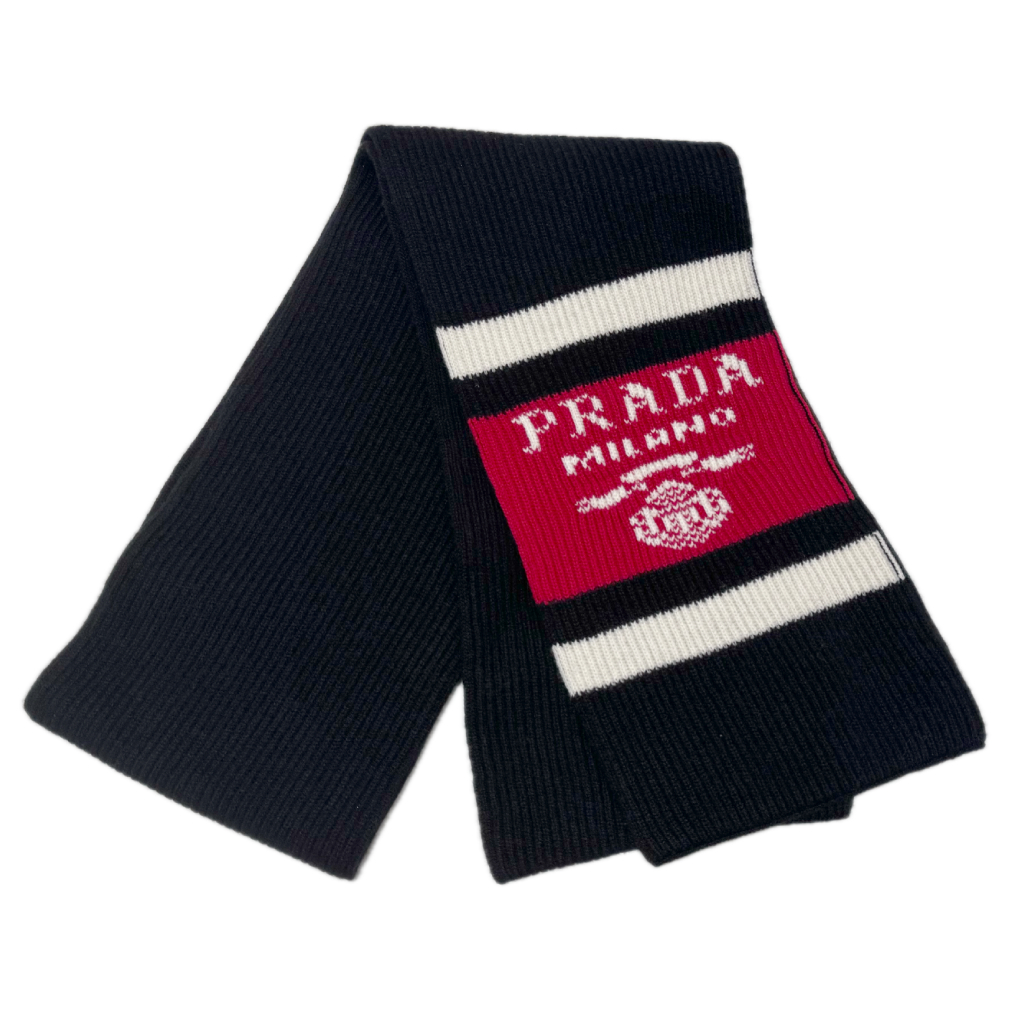 プラダ　カシミア100％　厚手　ニットマフラー　黒　PRADA