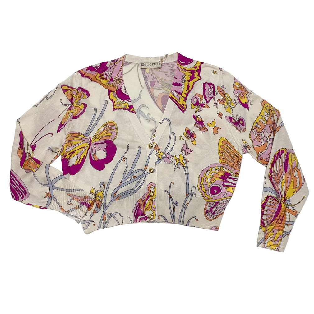 エミリオプッチ　シルクニット　蝶々柄カーディガン　白　#M　EMILIO PUCCI