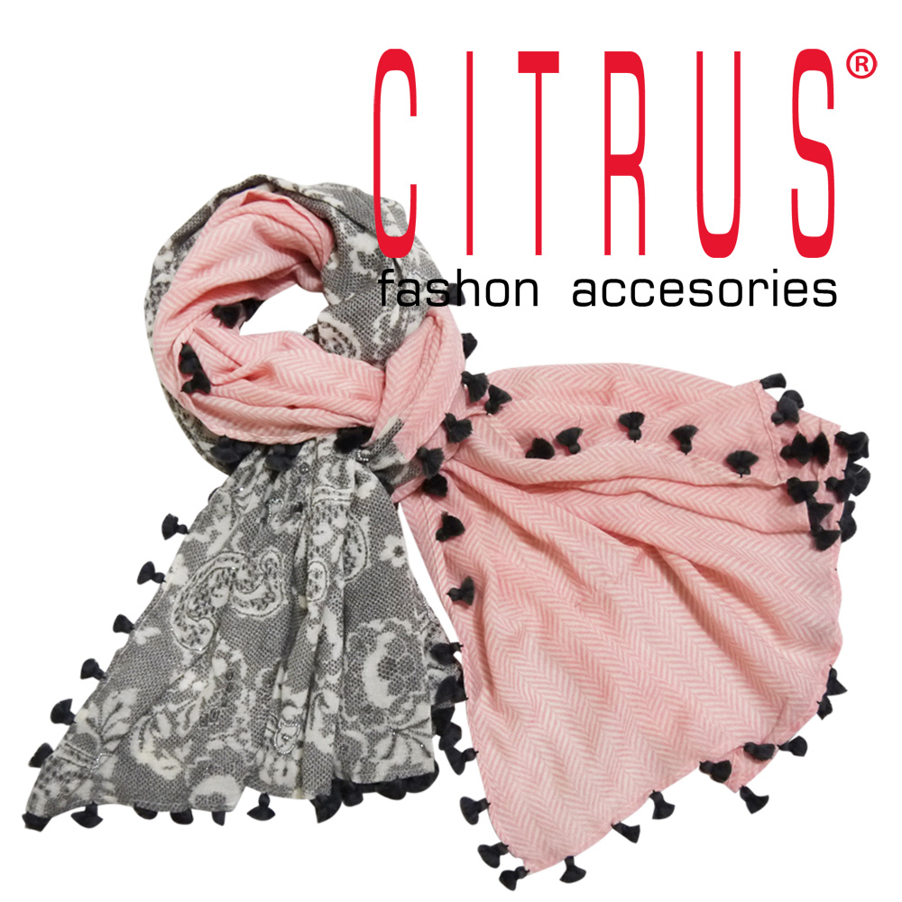 シトラス　インド製　ポンポン付　ペイズリー×ヘリンボーン　ウールストール　ピンク×グレー　CITRUS　当店オリジナル