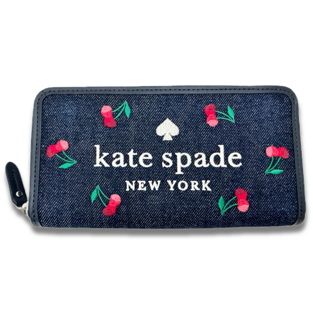 ケイトスペード　花柄　ラウンドファスナー長財布　インディゴ　kate spade
