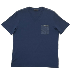 プラダ　メンズ　異素材mix VネックTシャツ　ネイビー　#L #XXL  PRADA