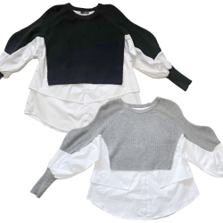 ボリューム袖が可愛い　ニット×シャツの重ね着風トップス　　#S #M #L #XL