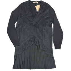 ツインセット　レース×プリーツ切替　ニットワンピース　黒　#XS　TWIN-SET