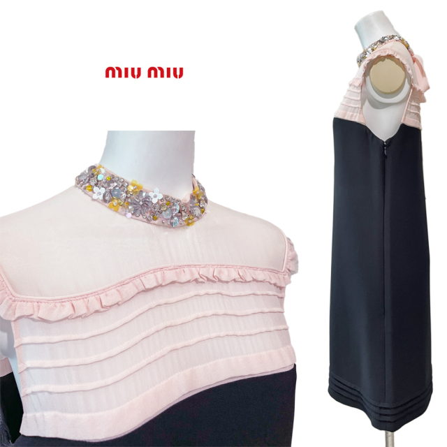 ミュウミュウ バイカラー ビジュードレスワンピース ピンク×黒 #38 miu miu 特価公式 ワンピース ミュウミュウ miu miu ドレス ビジュー ピンク 膝丈 ひざ丈ワンピース