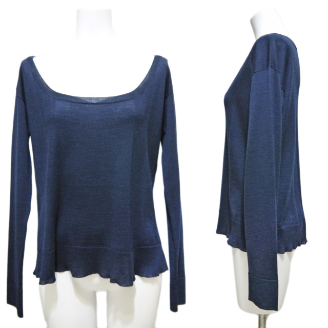 プラダ ウール×シルク Uネック 薄手ニットセーター ネイビー #38