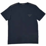 プラダ　メンズ　異素材mix クルーネックロゴTシャツ　黒　#L  PRADA
