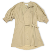 クロエ　リボン付き　7分袖シャツワンピース　コットン×シルク　ベージュ　#36　Chloe