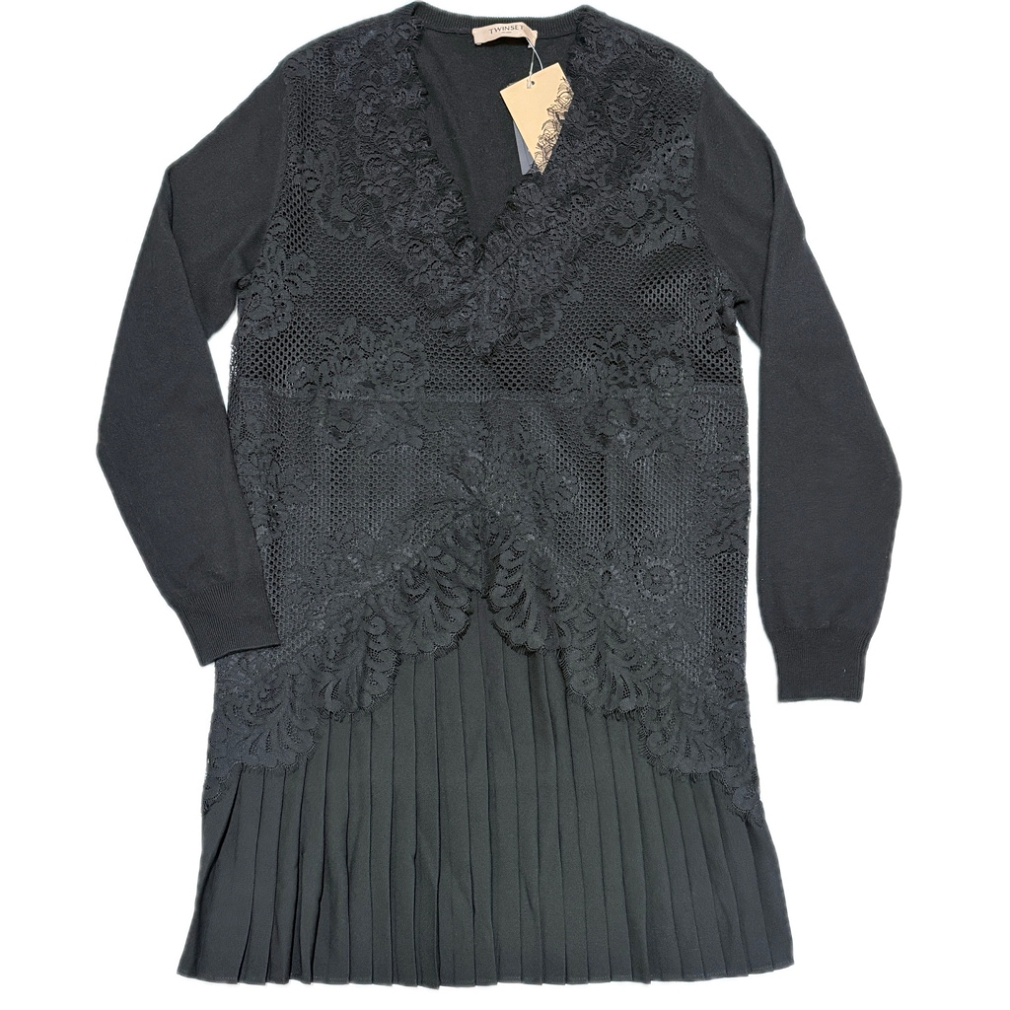 ツインセット　レース×プリーツ切替　ニットワンピース　黒　#XS　TWIN-SET