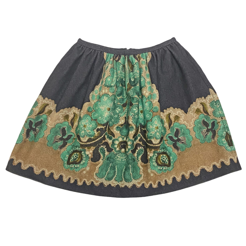 レッドヴァレンチノ　プリント　厚手ウール　フレアースカート　グレー×エメラルド　#38　RED VALENTINO