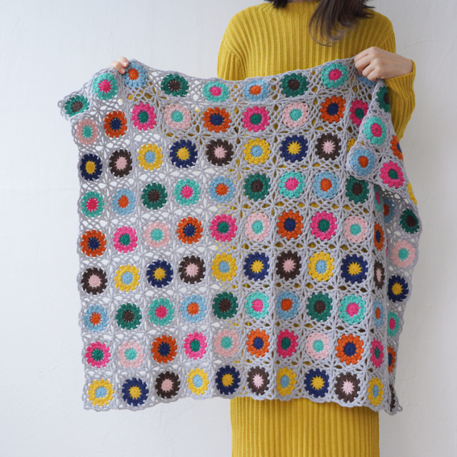 編み物キット #3-10 モチーフつなぎのひざかけ 手編み糸と生地