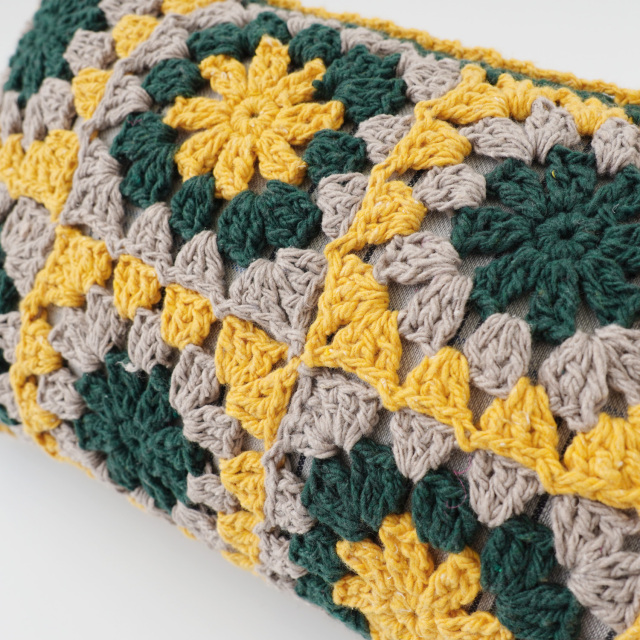 編み物キット #6-10 長方形モチーフのクッションカバー 手編み糸と生地