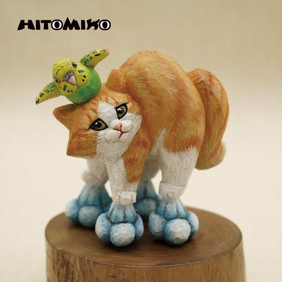 やんのかステップ木彫作品　長毛茶白のセキセインコ乗せステップ【HITOMIKO（木村 瞳）】※一点物　