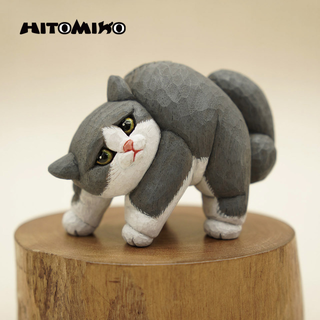 やんのかステップ木彫作品 グレーハチワレノーマル【HITOMIKO(木村 瞳)】※一点物