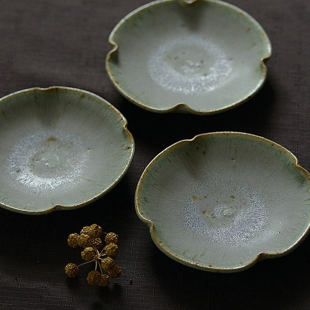 岩山陽平　輪花小皿　marble green