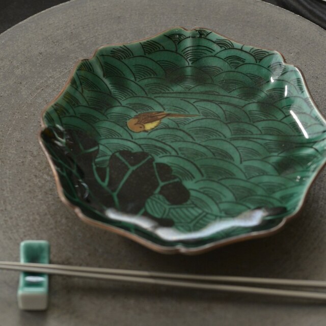 瑛生の器（九谷美陶園）｜瑛生の器 九谷美陶園 波に鳥文様五寸輪花皿