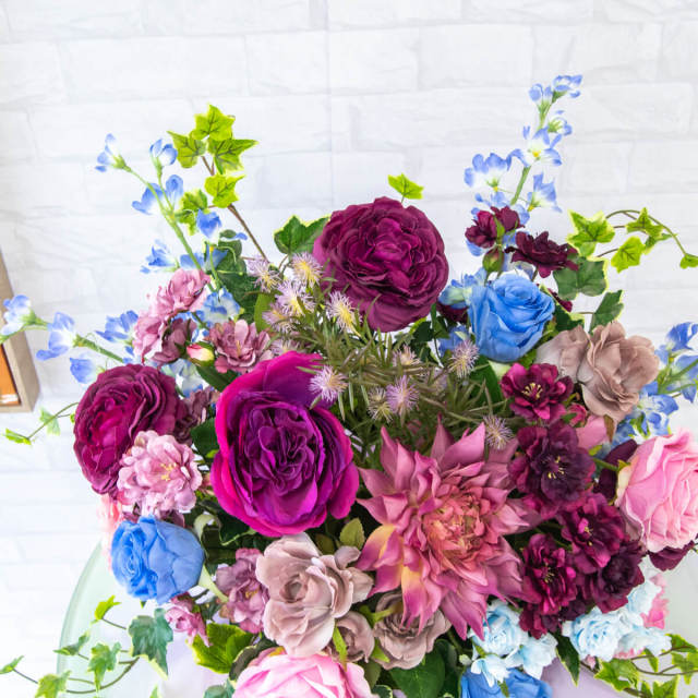 フラワーアレンジメント　造花　ルデビュドプランタン 造花アレンジメント H約105cm 開店祝い フラワースタンド スタンド花