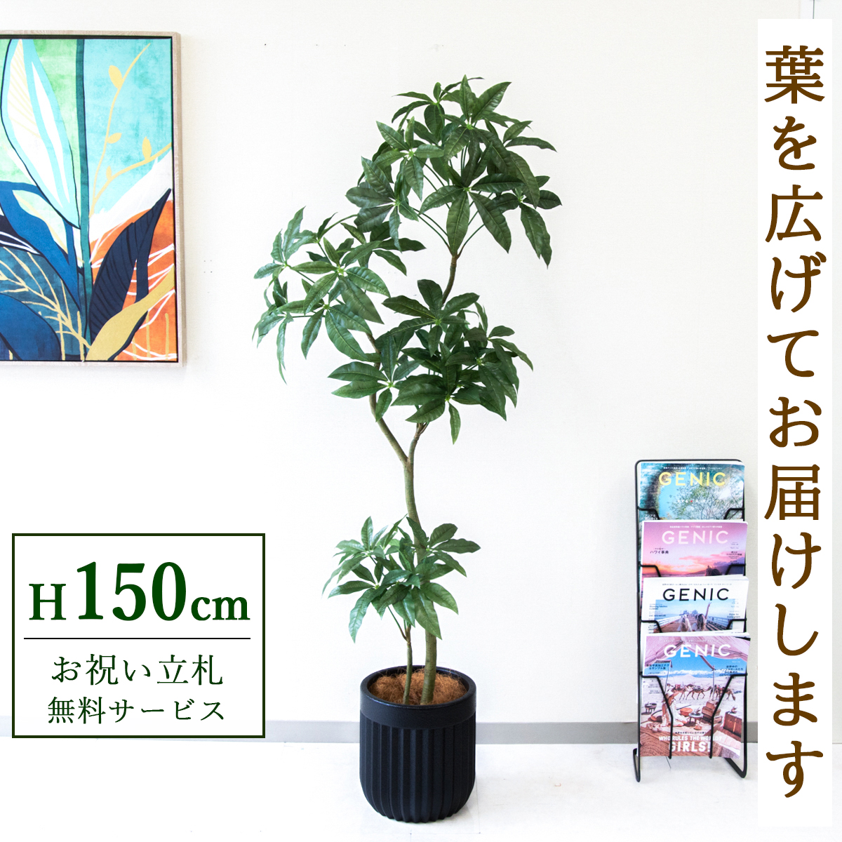 【すぐ飾れる】 フェイクグリーン パキラ 150cm  鉢付き / 法人・開店祝い 店舗・オフィス装飾 空間演出 立札無料・造花/PG1002-BPK25BK