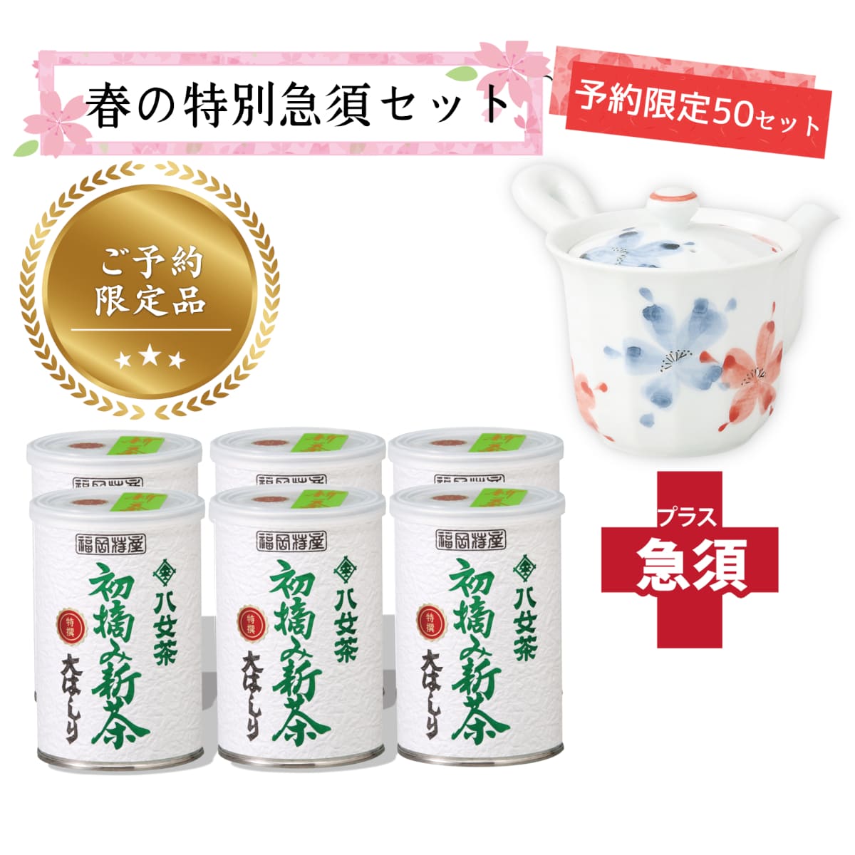 【T-718・18】初摘み新茶・特選大はしり　6缶＋茶用品