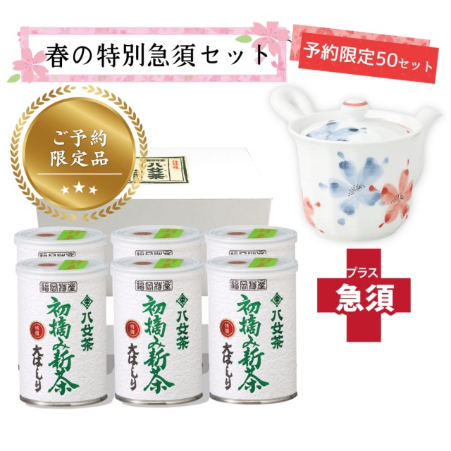 【T-718・18】初摘み新茶・特選大はしり　6缶＋茶用品