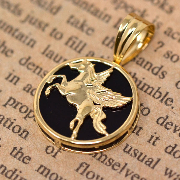 18金 ペンダント トップ 黒 ブラック オニキス ペガサス Pegasus  
