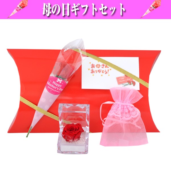母の日 プレゼント 赤いバラ (ミニ) プリザードフラワー と ミニエプロンドレス（ポーチ） ギフトセット 贈り物　（お母さんありがとうメッセージカード付） y160354