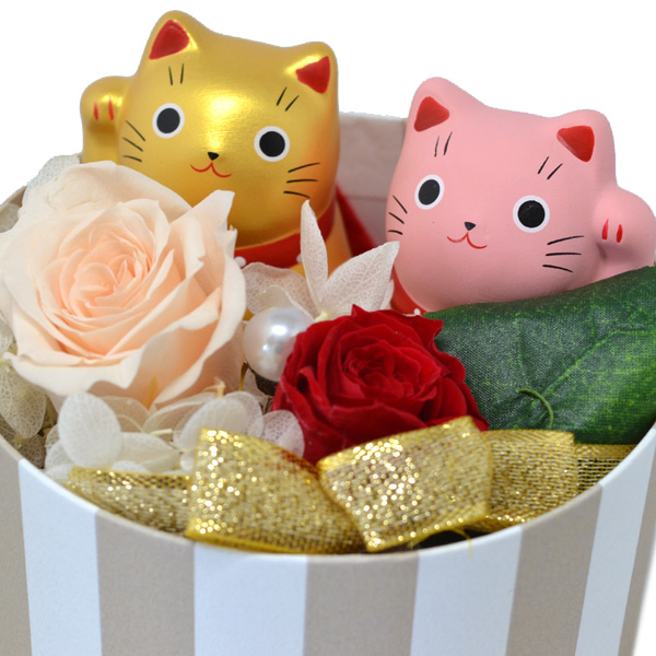 ゴールド ピンク ペア 招き猫 幸せ プリザーブド フラワー バラ BOX アレンジ y170065