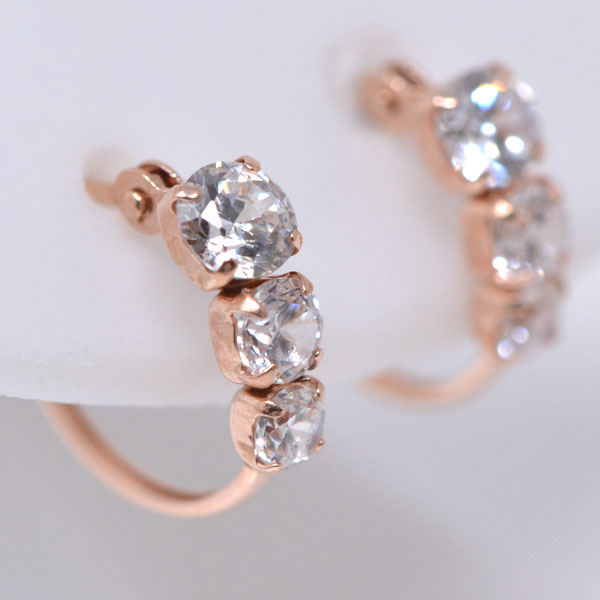 フープ ピアス レディース 3ストーン トリロジー 10金 ピンクゴールド k10pg 10KPG y220133