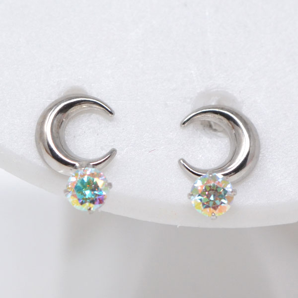 お月様 月 ムーン ピアス 可愛い オーロラ キュービック 10金 ホワイトゴールド スタッドピアス k10wg 10KWG y220165