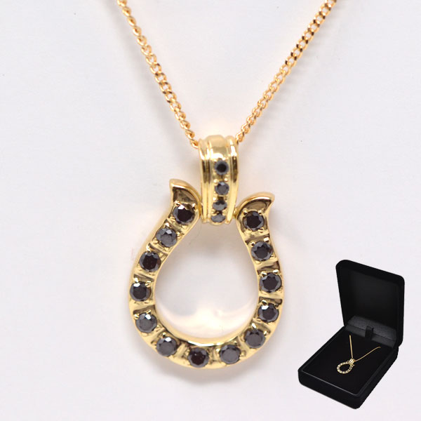 馬蹄 ネックレス 18金 K18 18K ゴールド オシャレな ホースシュー ブラックダイヤモンド 0.30ct メンズ レディース 幸運 ギフト プレゼント y220234