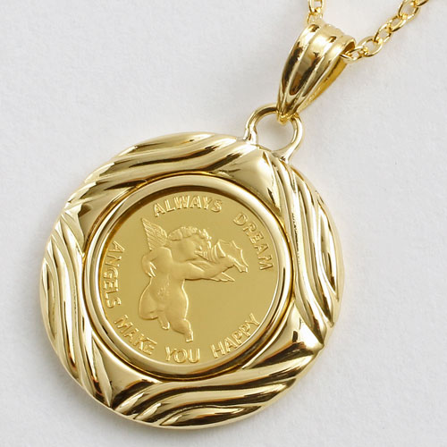 純金 コイン 1/25オンス ペンダント エンジェル/天使 【両面ガラス入】K18枠　0493-PG08