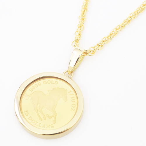 純金 18金 ホース  コイン ペンダント 両面ガラス入り　0673-PG08