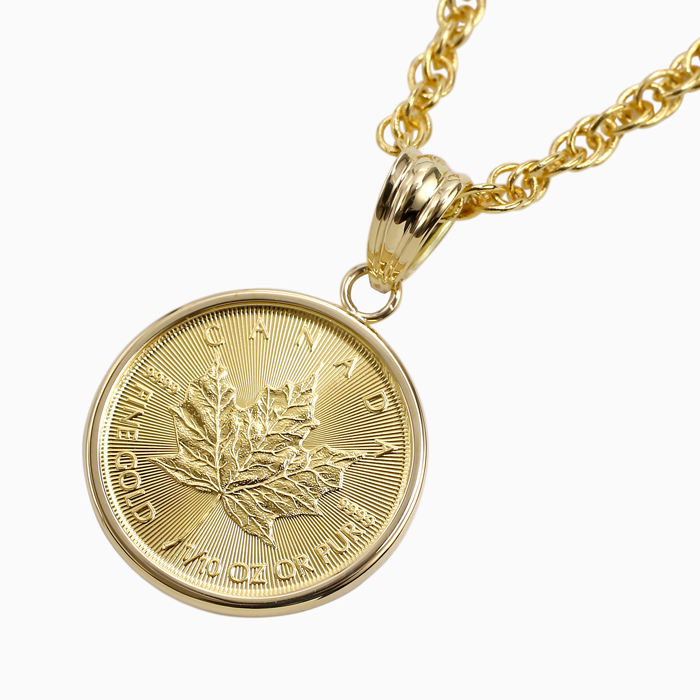 【送料無料】【日本製】純金/K24 コイン/金貨 ペンダント メイプルリーフ/カナダ製 1/10オンス 真ちゅう縄チェーン付 K18/18金枠　1147-PG09