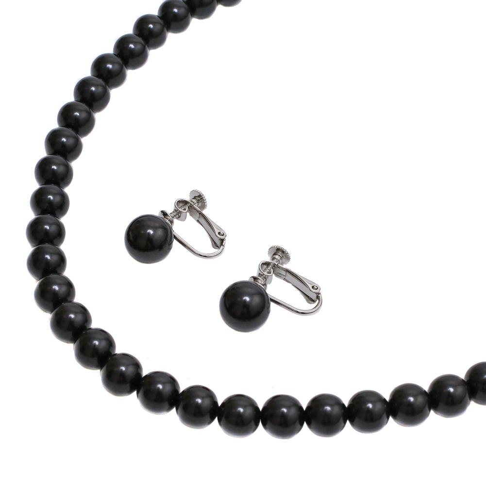 天然ジェット 8mm 10mm 42cm イヤリング&ネックレス セット 1443-FJ10