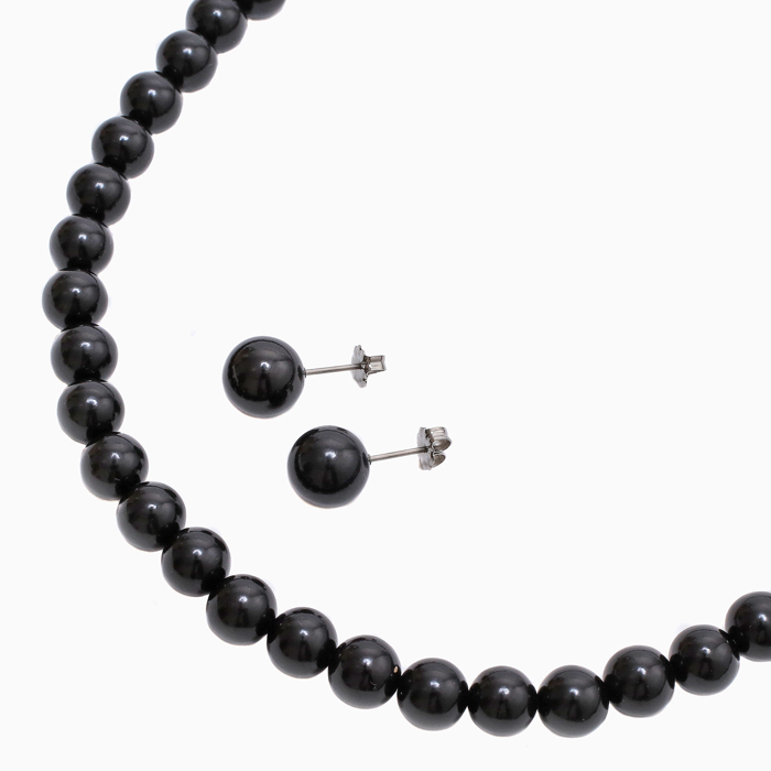 天然ジェット 8mm 10mm 42cm ピアス&ネックレス セット 1459-FJ10