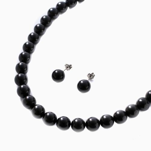 【送料無料】【日本製】天然 ジェット ネックレス ピアス セット 10mm珠 42ｃｍ　1460-FJ10